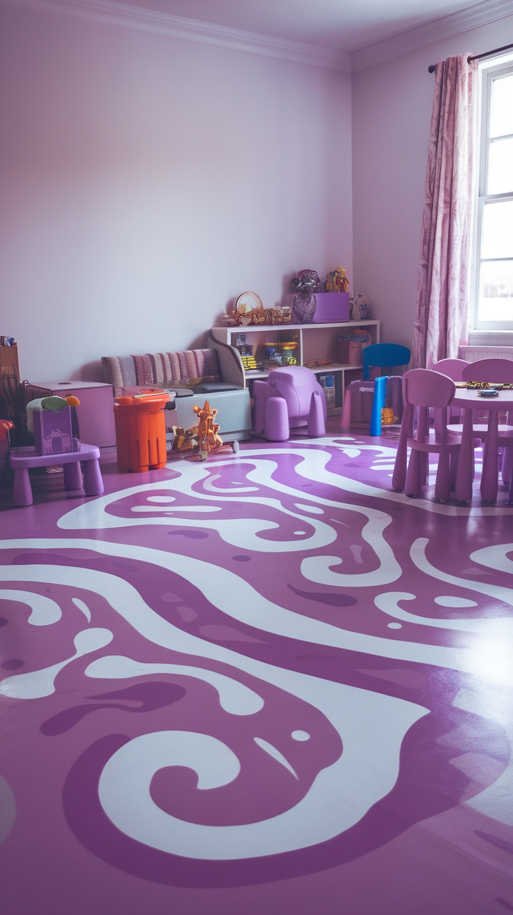 Interior room with purple and white epoxy flake floor design, featuring playful swirls