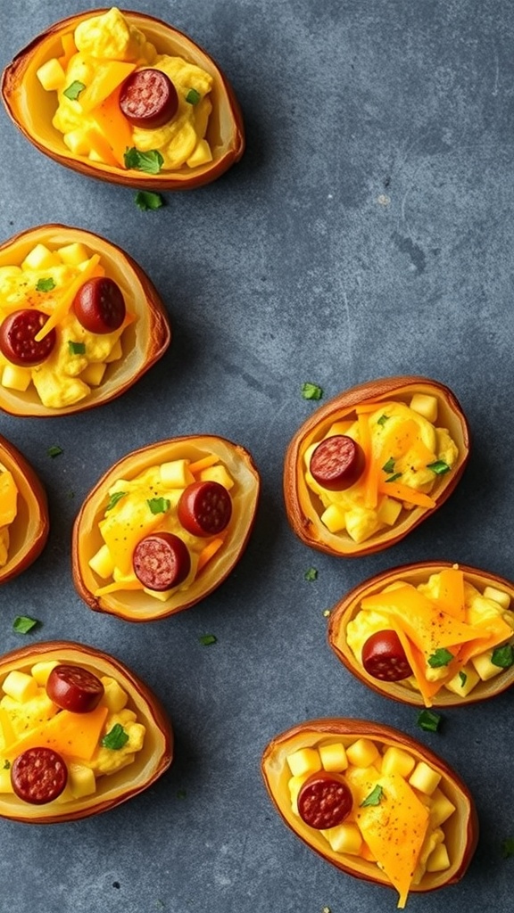 Loaded breakfast potato skins topped with scrambled eggs, cheese, and sausage, garnished with herbs.
