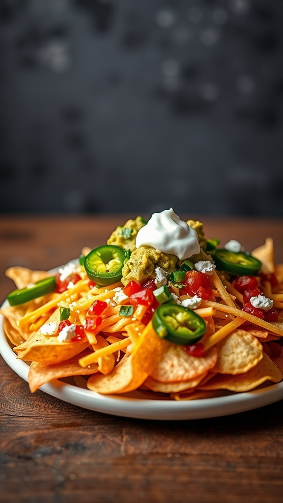 A plate of loaded nachos topped with cheese, tomatoes, jalapeños, guacamole, and sour cream.