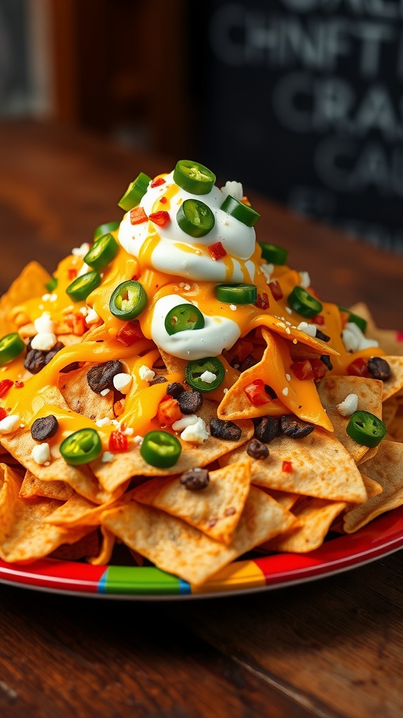 A plate of loaded nachos with cheese, jalapeños, and other toppings.