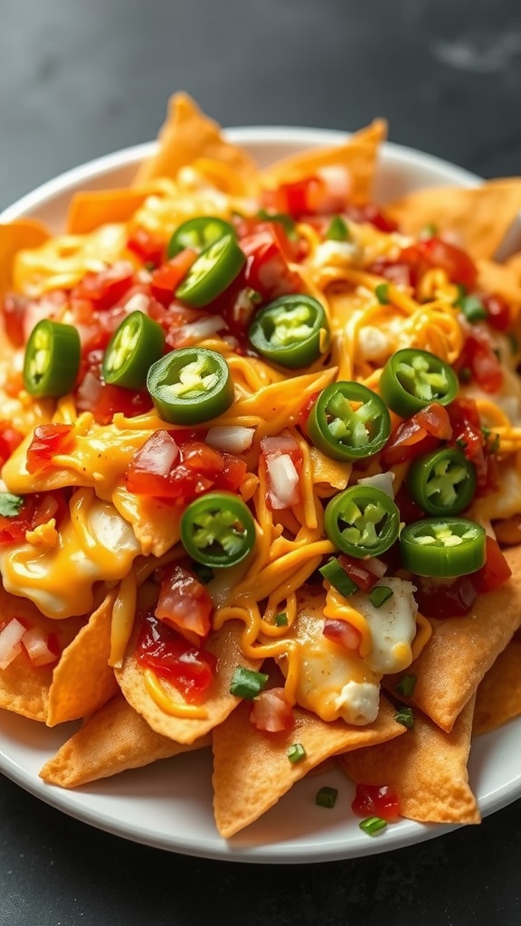A plate of loaded nachos topped with cheese, jalapeños, diced tomatoes, and green onions