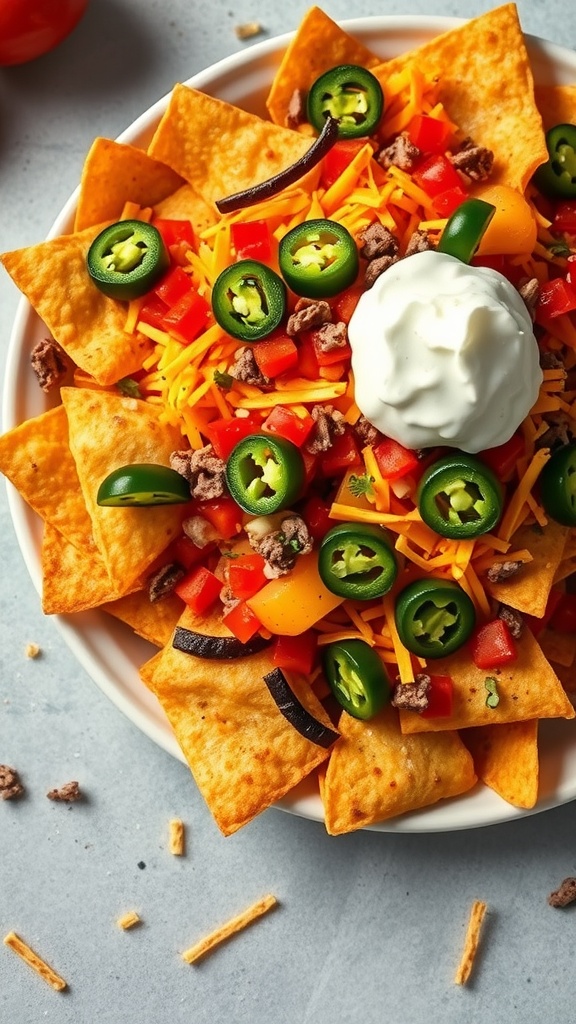 A plate of loaded nachos with jalapeños, cheese, beef, and toppings.