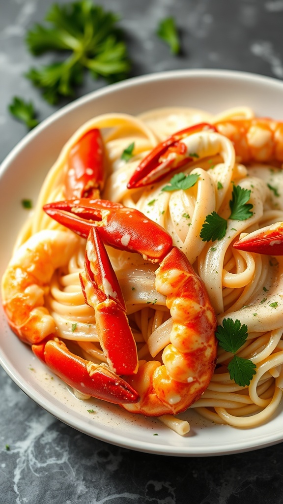 A delicious bowl of Lobster Alfredo with Fettuccine garnished with parsley.