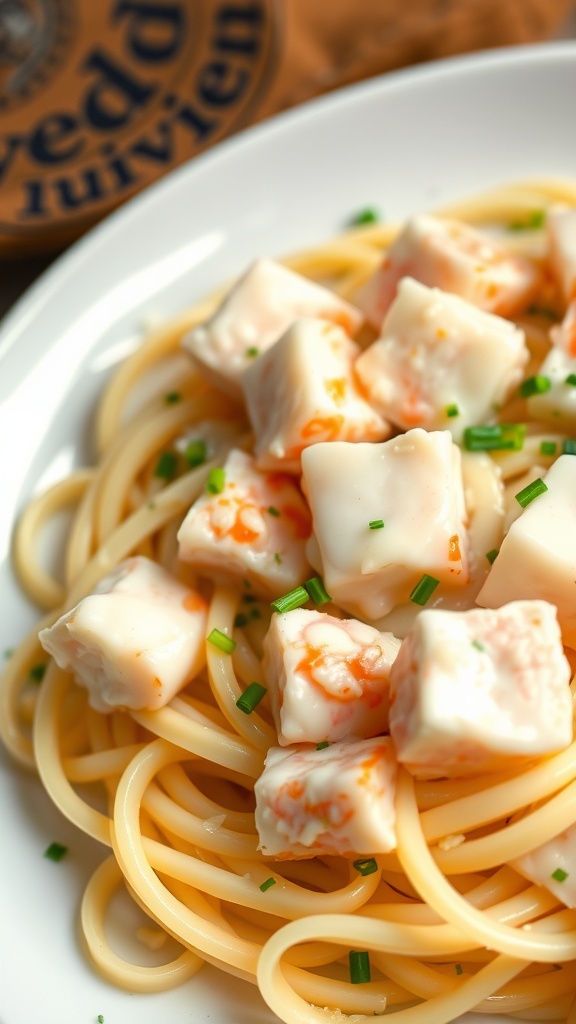 A plate of Lobster Fettuccine Alfredo with pasta and lobster pieces.