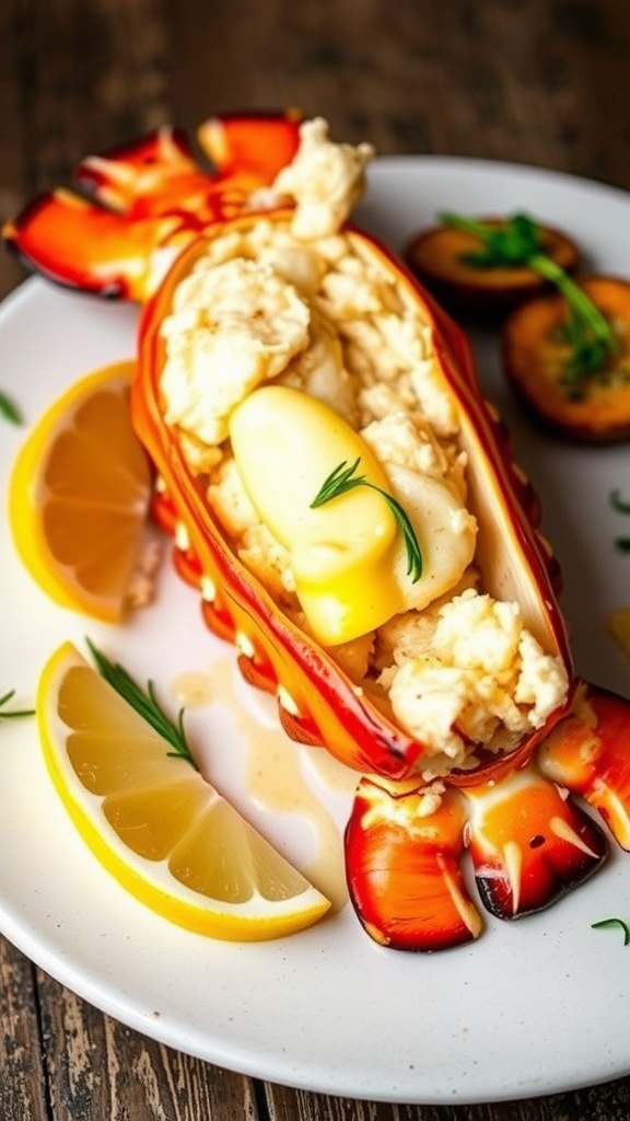 Delicious lobster tail with garlic butter and lemon wedges