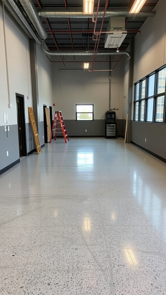 Interior space with polished epoxy flooring and a ladder