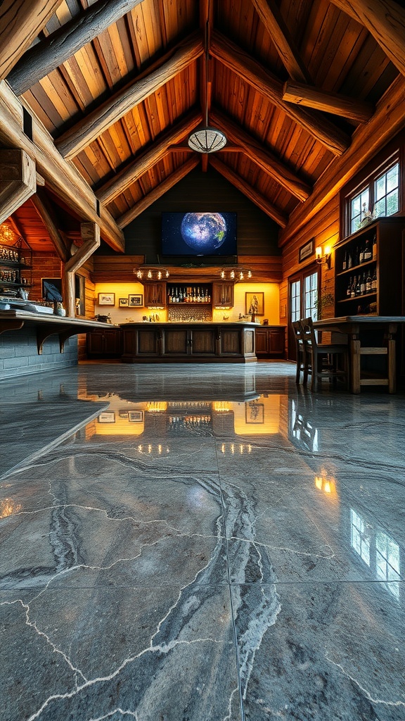 Interior of a rustic log cabin bar with polished epoxy flooring and wooden beams.