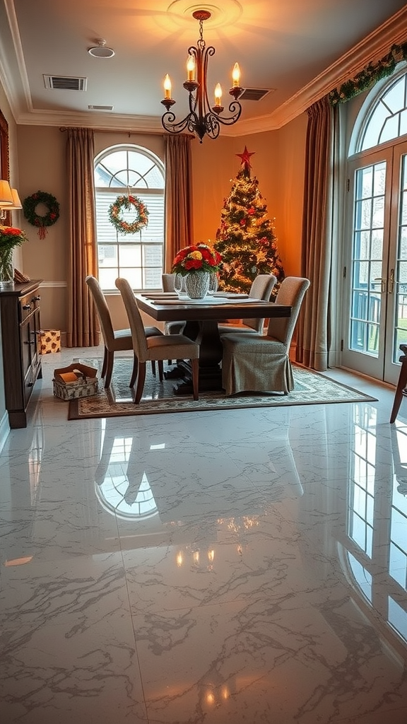 Bright living room with epoxy flooring and a Christmas tree