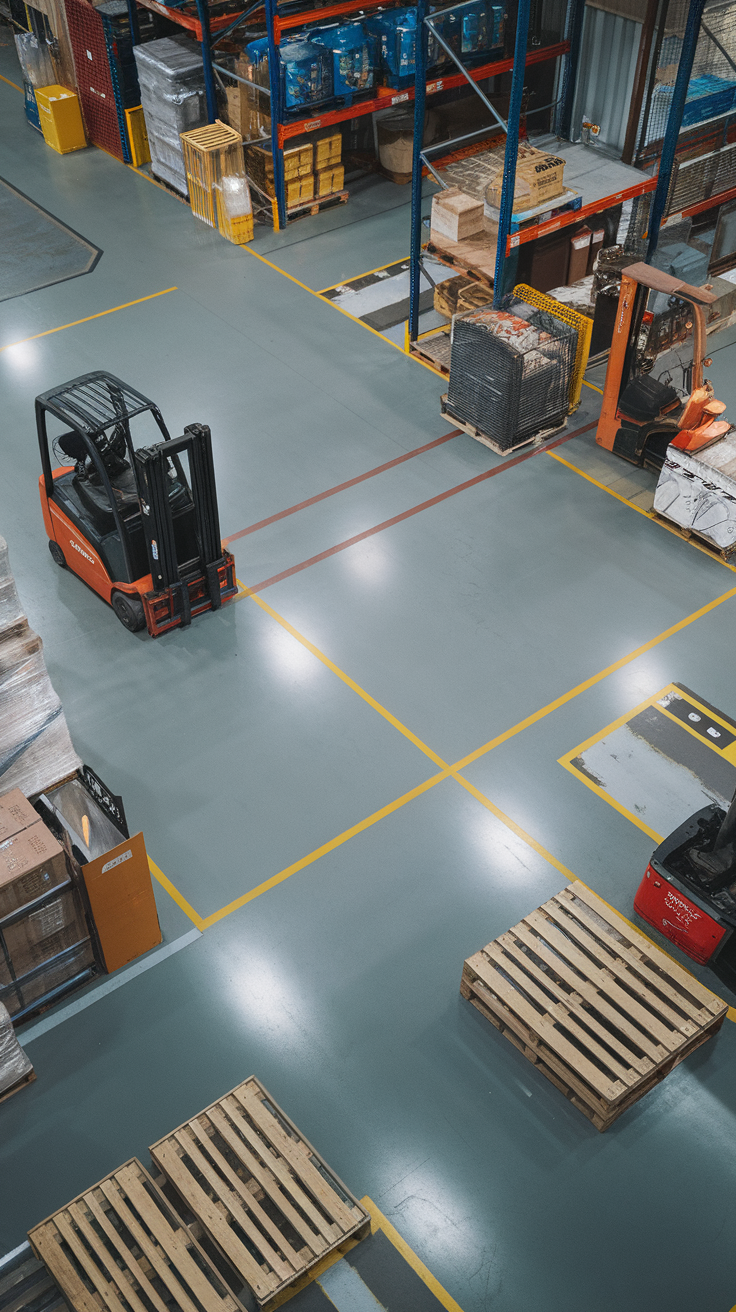 A spacious warehouse with epoxy coated flooring and pallets stacked in the background.