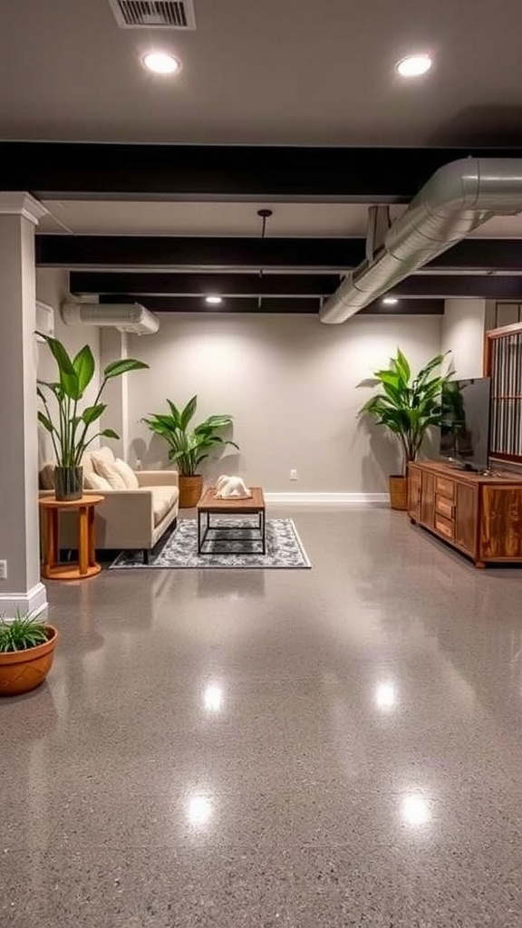 A modern basement with shiny epoxy flooring