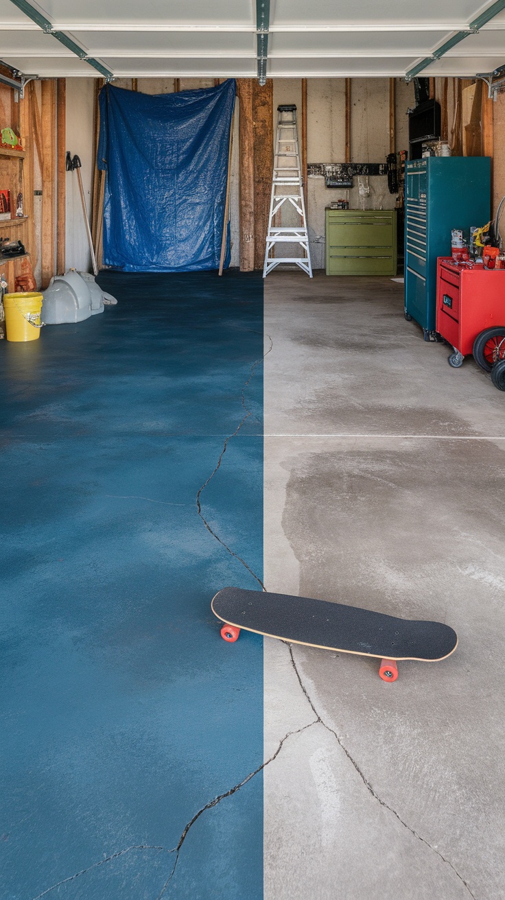 A garage with solid blue epoxy flooring on one side and a cracked concrete floor on the other.