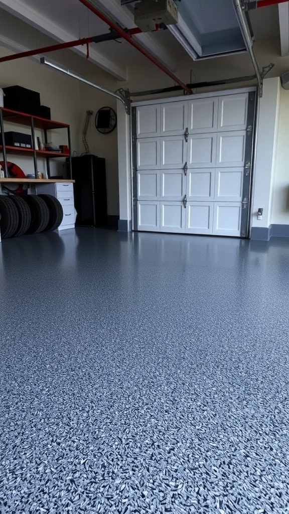 Image of a smooth, speckled epoxy garage floor