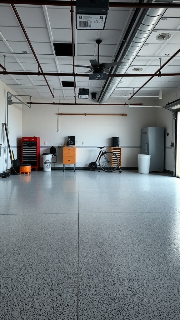 A polished garage with an epoxy floor, featuring neatly arranged tools and equipment.