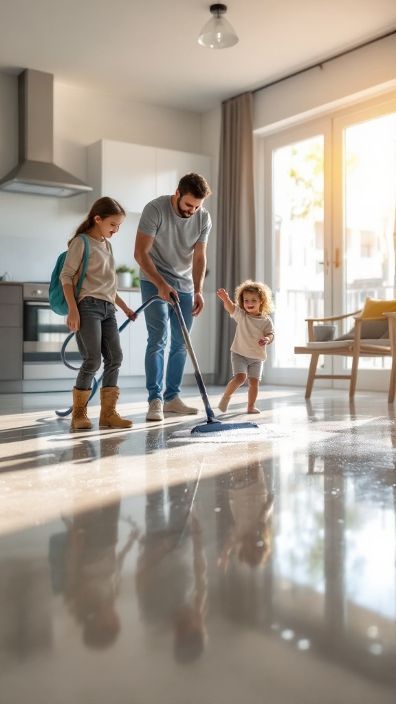 A family cleaning the floor together in a bright living space.
