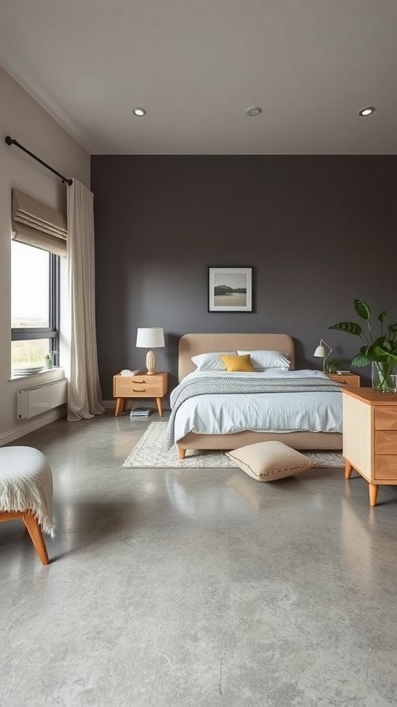 A modern bedroom featuring epoxy concrete flooring, stylish furniture, and natural light.
