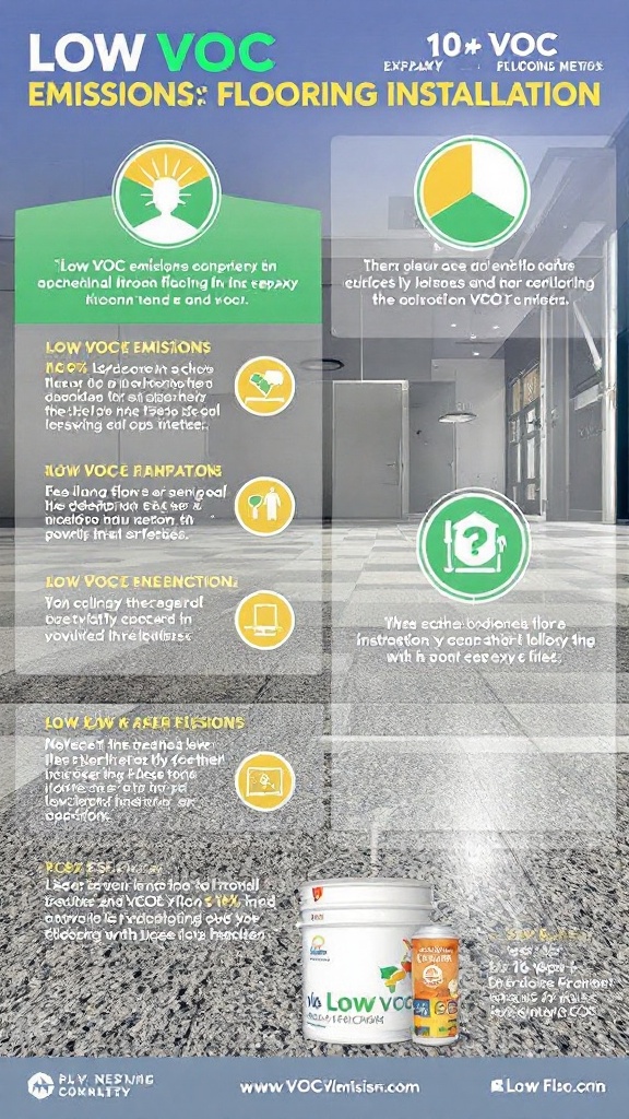 Infographic illustrating the benefits of low VOC emissions in flooring installation.