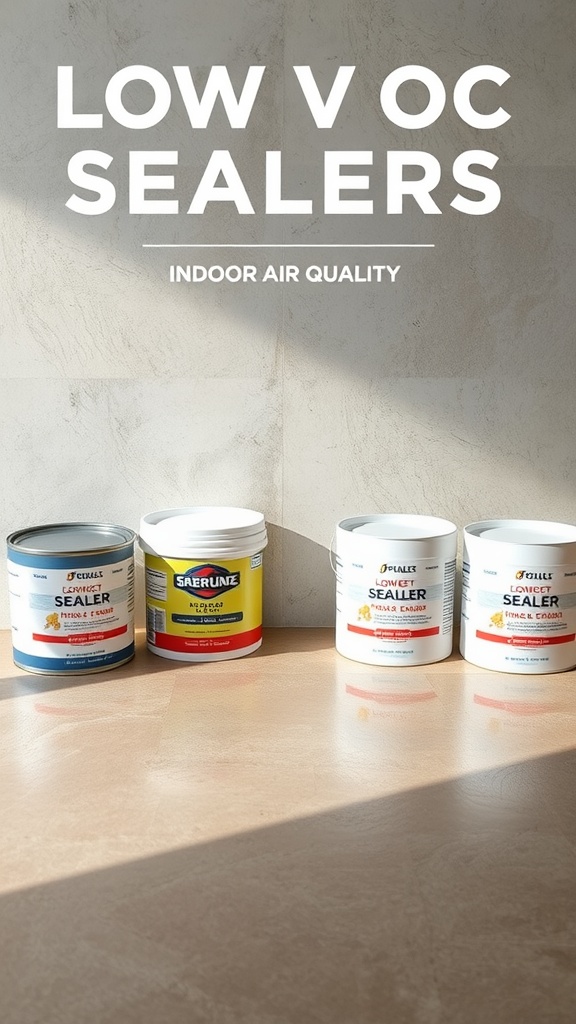 Display of various cans of low VOC sealers for concrete floors.