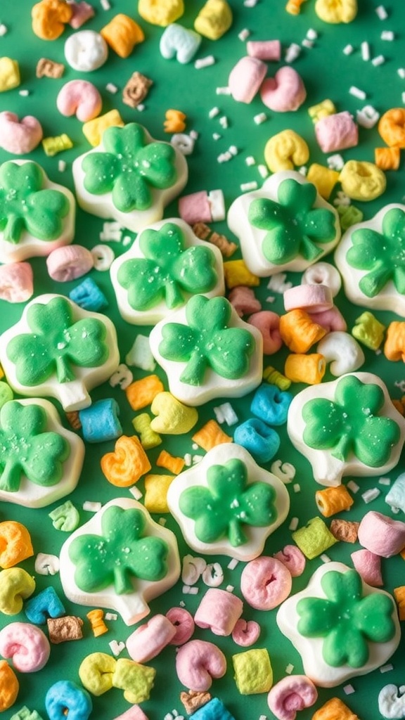 Sweet marshmallow treats shaped like shamrocks, surrounded by colorful cereal.