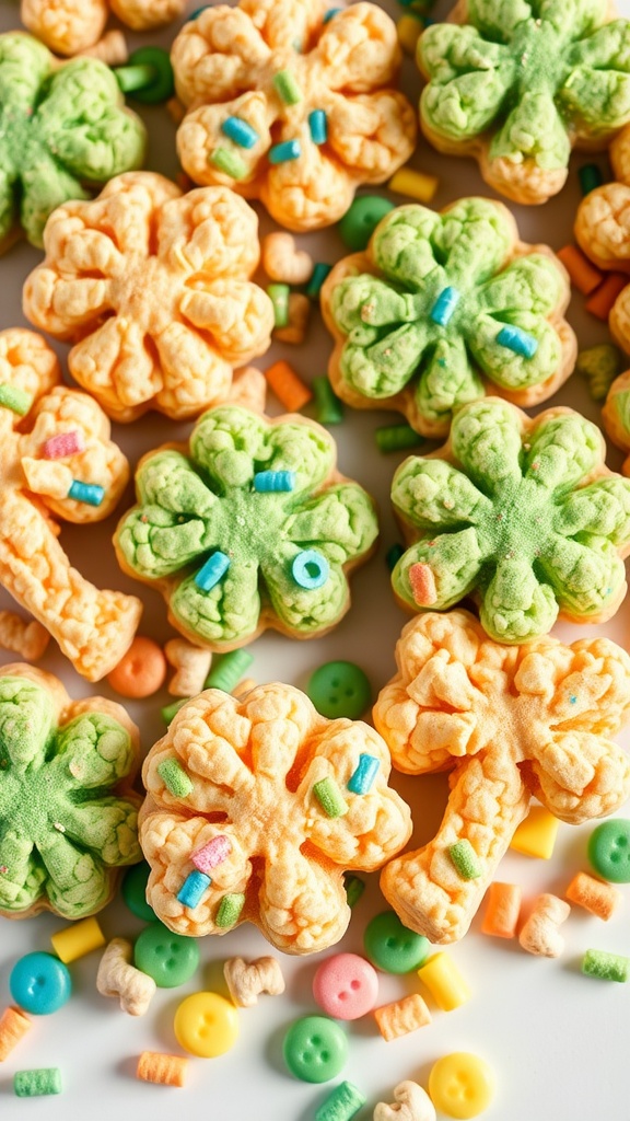 Colorful Lucky Charm Rice Krispie Treats shaped like shamrocks.