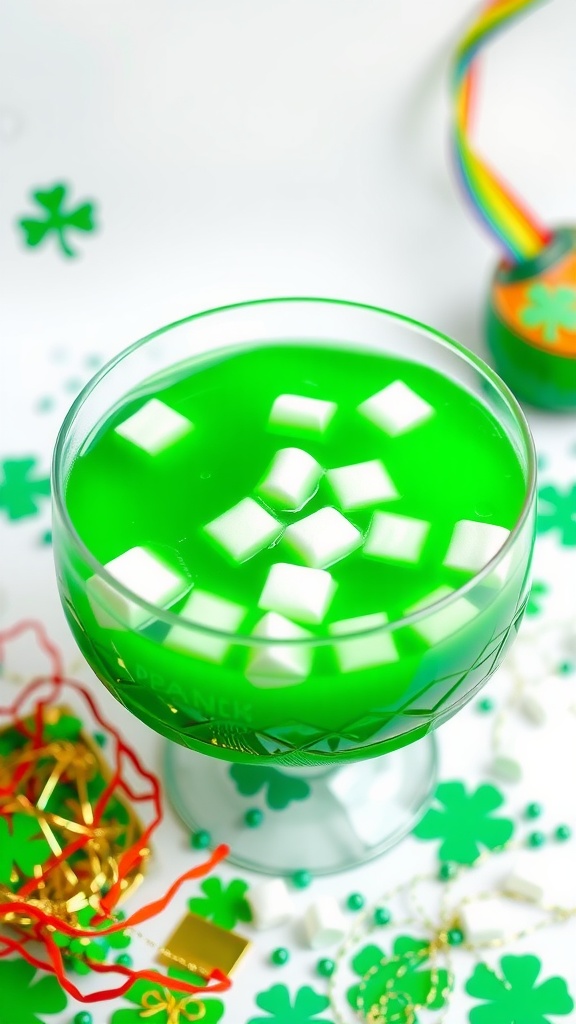 A vibrant green drink with marshmallows in a glass, surrounded by festive decorations for St. Patrick's Day.