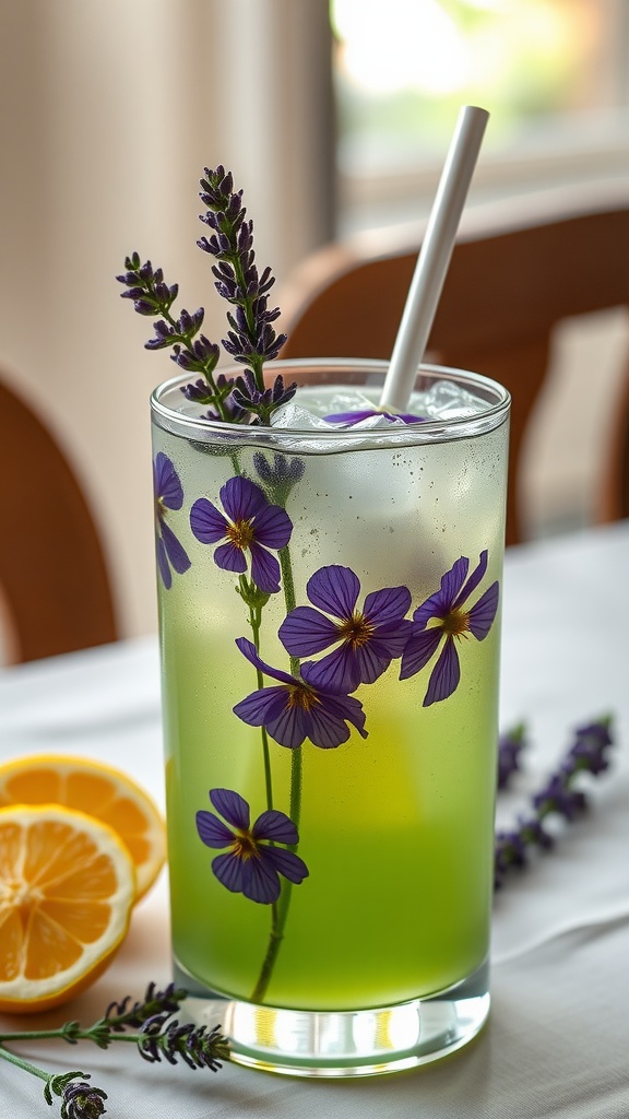 A refreshing glass of lavender lemonade garnished with flowers and lemon slices
