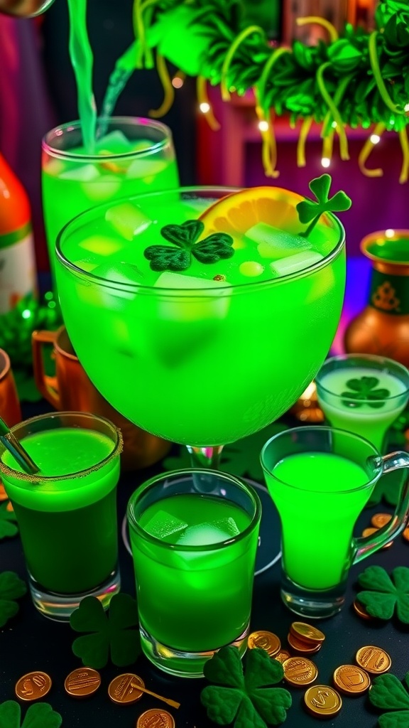A vibrant green cocktail punch with shamrock decorations.