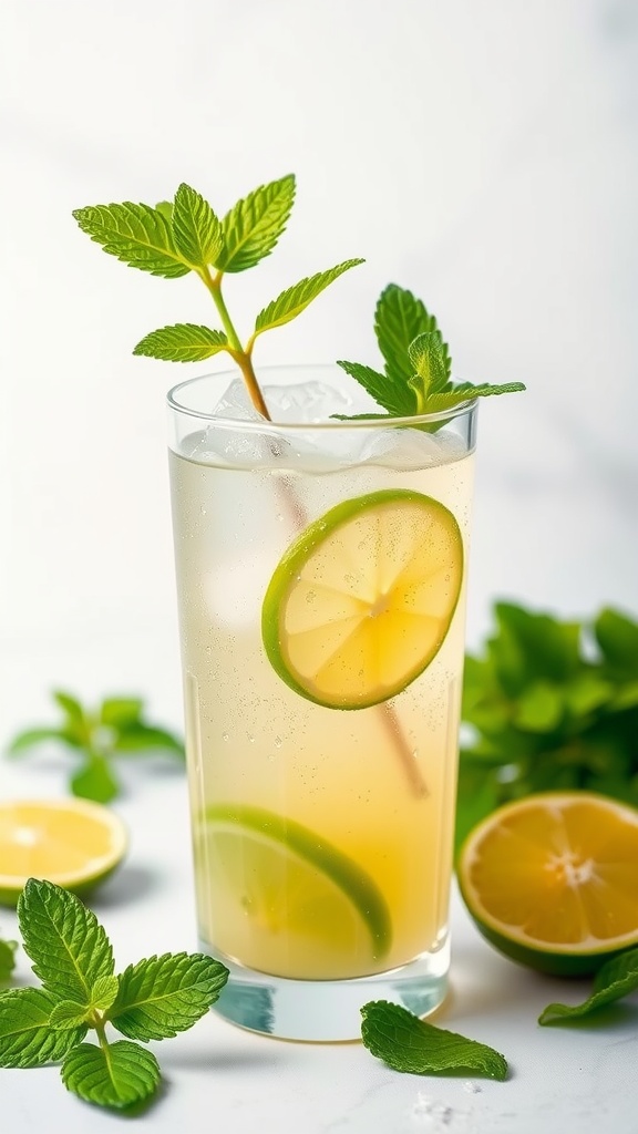 A refreshing Lucky Lime Rickey cocktail with lime slices and mint garnish.
