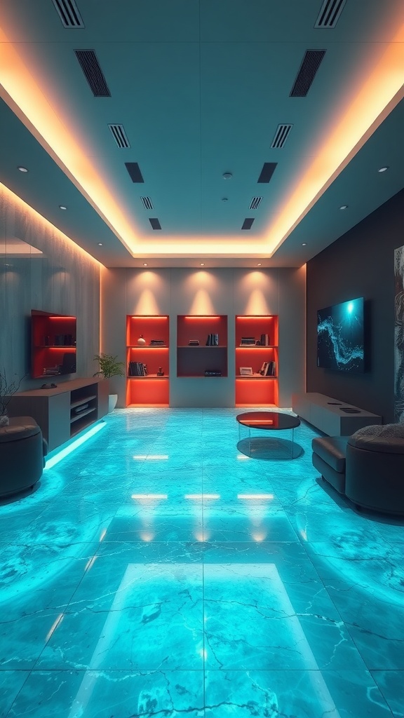 A modern room with luminous blue epoxy flooring and stylish furniture.