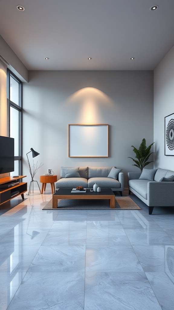 A modern living room featuring polished concrete flooring, sleek furniture, and contemporary decor.