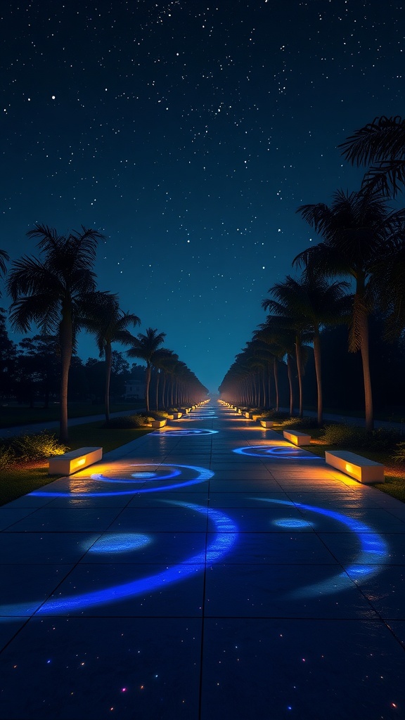 A glowing epoxy walkway lined with palm trees under a starry night sky.