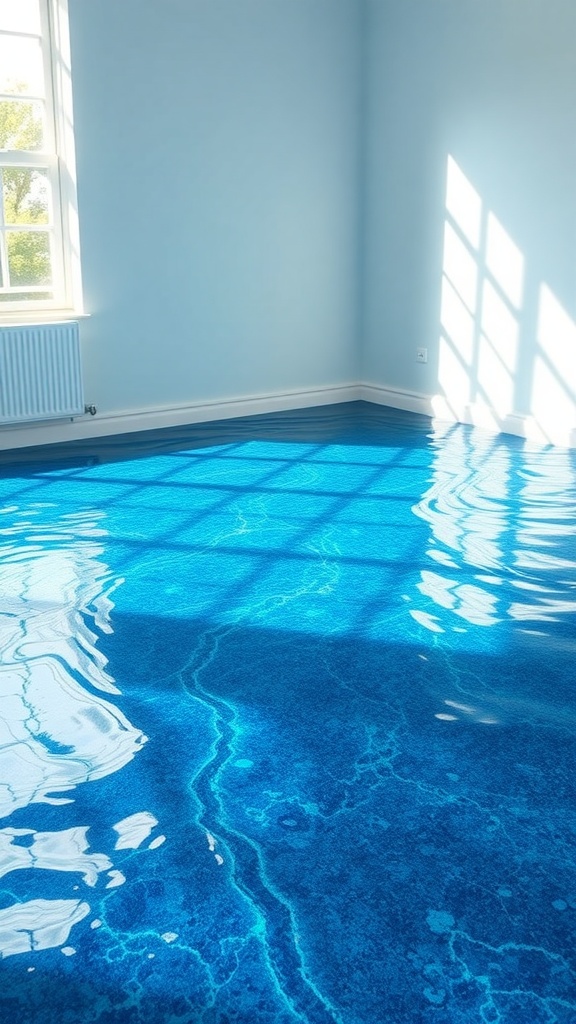 A luminous ocean blue epoxy floor reflecting natural light in a bright room.