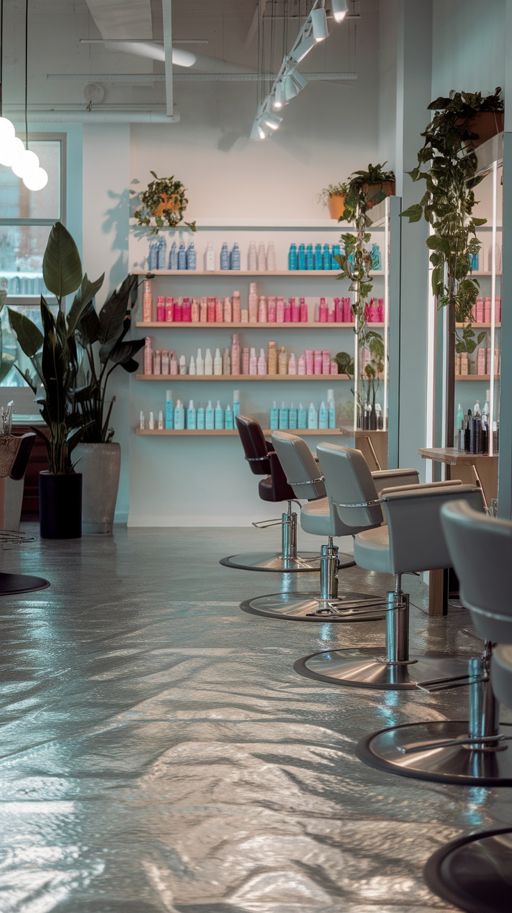 Interior space with luminous silver metallic epoxy floor and colorful product shelves