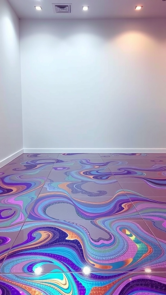Metallic epoxy floor with luminous swirl patterns in purple, pink, and gold