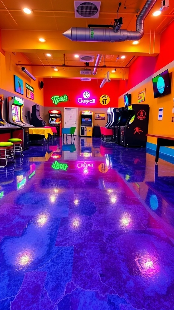 A vibrant green epoxy floor mimicking a natural landscape, with white veining, in a modern living space.