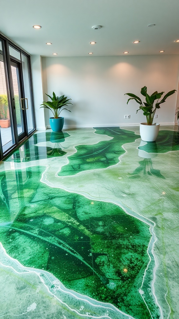 A modern living room with epoxy flooring designed to resemble a lush green meadow, featuring flowers and a glossy finish.