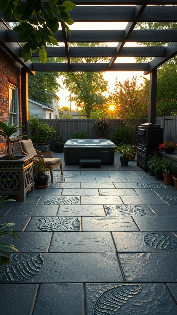 A beautiful patio with leaf patterns and lush greenery, showcasing a tranquil outdoor space.