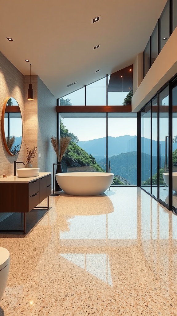Elegant bathroom featuring luxe glitter epoxy flooring with a stunning mountain view.