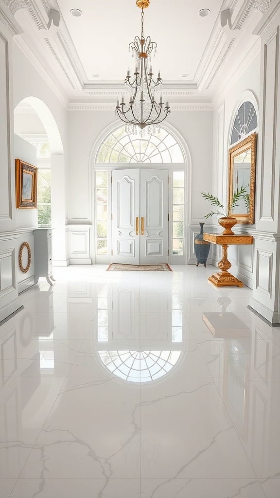 A luxurious entryway featuring a shiny pearl white epoxy floor, ornate chandelier, and elegant decor.