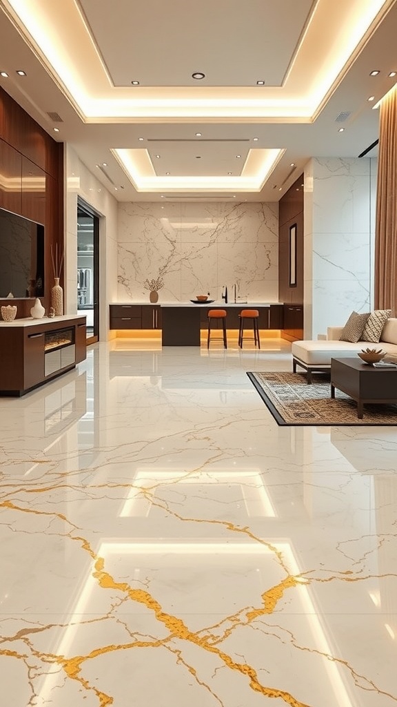Luxurious cream marble flooring with golden veining and polished finish in a modern interior.