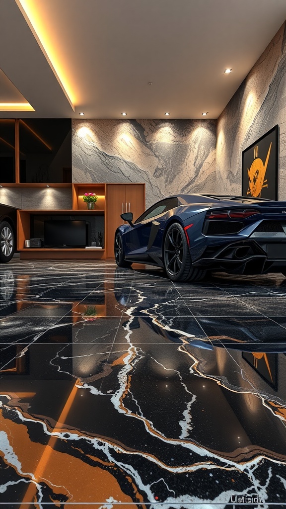 Luxurious marble effect epoxy flooring with a sleek car parked on it.