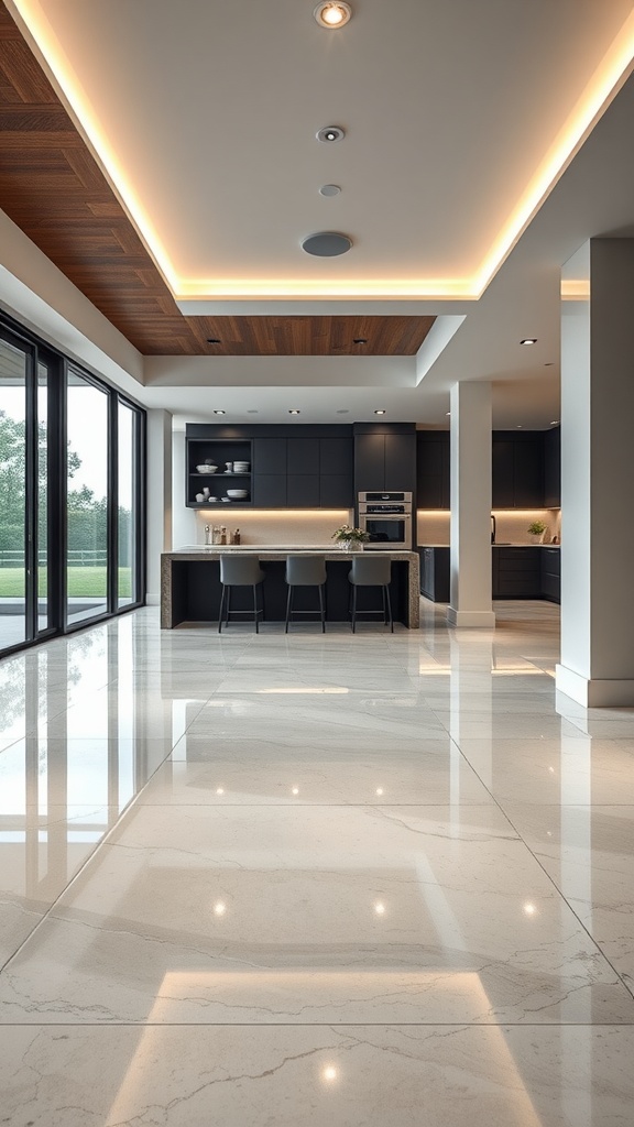 Modern kitchen interior showcasing sleek epoxy flooring with metallic finishes and architectural lighting.