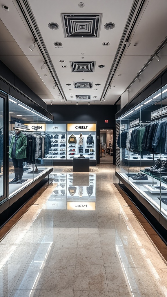 Luxurious retail space showcasing a glossy epoxy floor and elegantly arranged clothing displays.