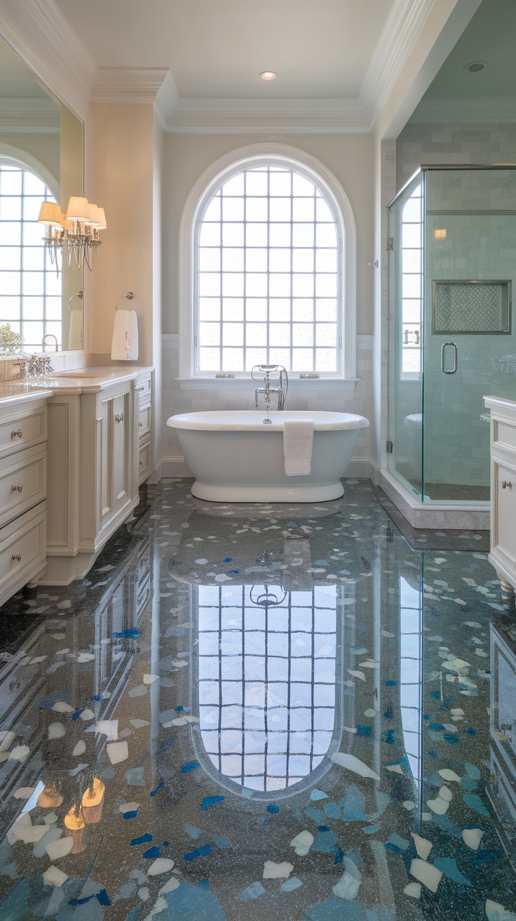 Luxurious bathroom with an epoxy flake floor featuring blue and white colors, a freestanding bathtub, and large windows.