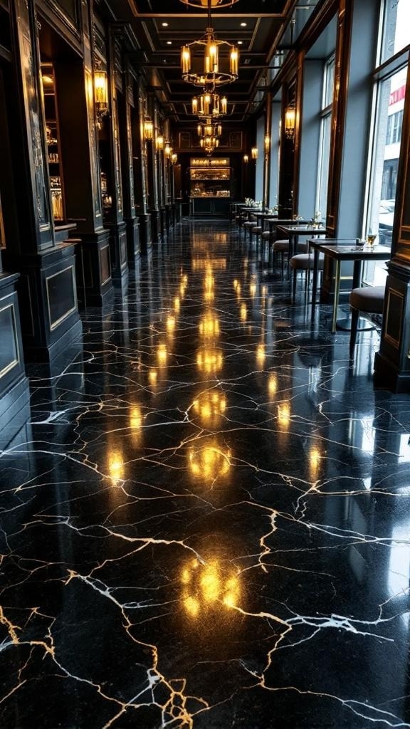 Luxury black and gold epoxy floor in an elegant interior space