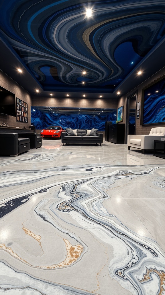 Luxury epoxy flooring in a modern home theater with a sleek design.