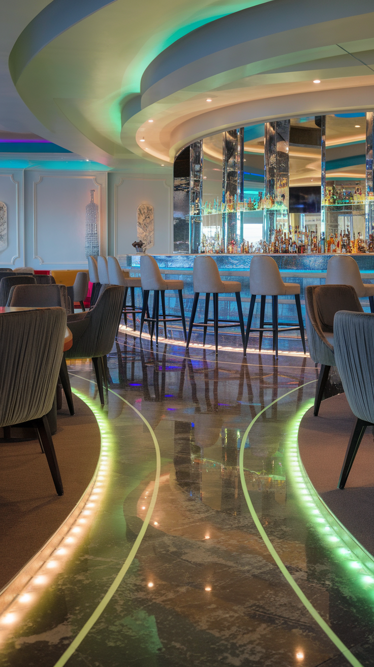 Luxurious epoxy floor with LED lighting in a modern bar setting