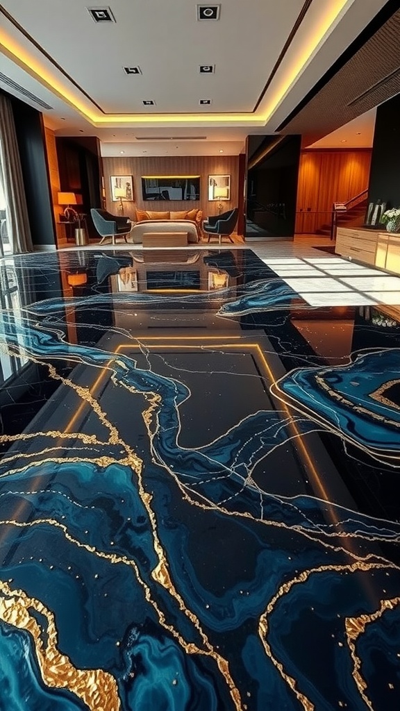 A luxurious living space featuring a metallic epoxy floor with deep blue and gold patterns.
