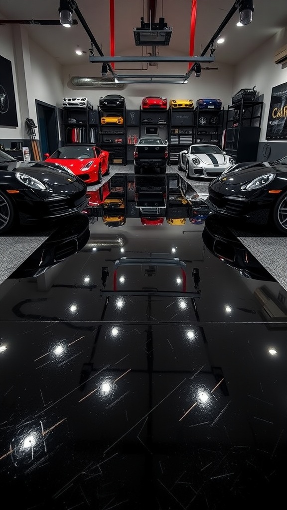 Luxury black epoxy garage floor with multiple cars and modern design elements.