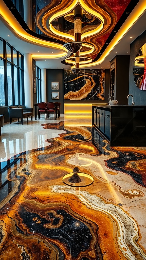 A luxurious interior featuring a metallic epoxy floor with swirling patterns of gold and black, complemented by elegant lighting and modern furnishings.