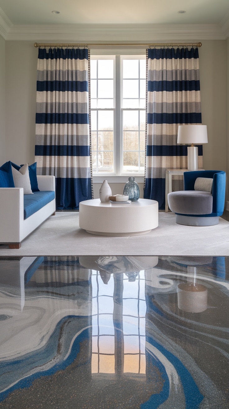 Stylish living room with blue and gray accents, featuring a glossy epoxy flake floor.